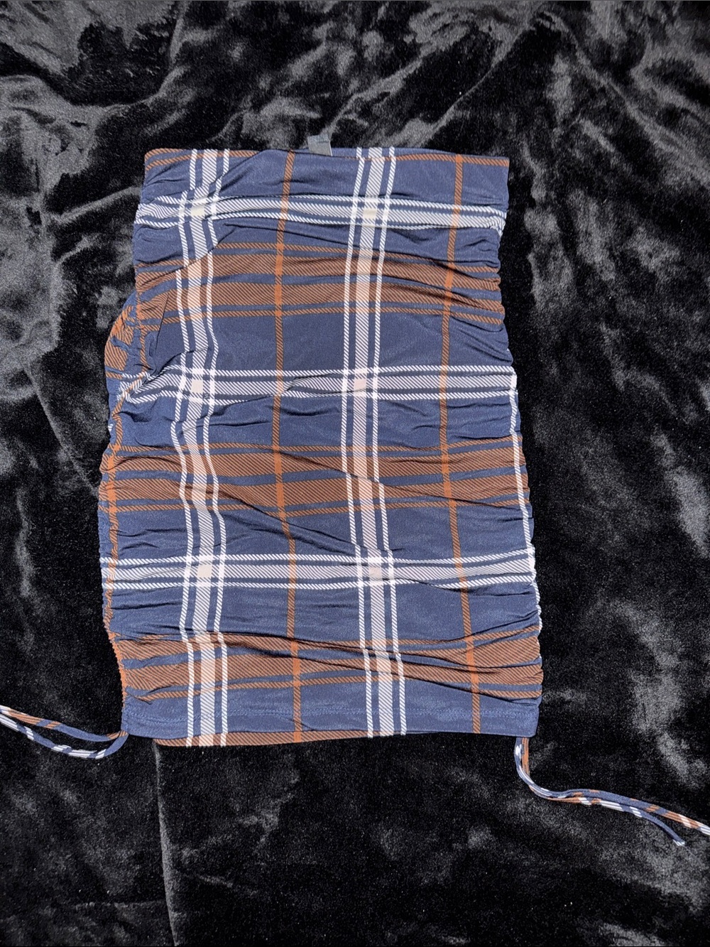 Navy & Rust Plaid Ruched skirt mid or short adjustable strings on the side